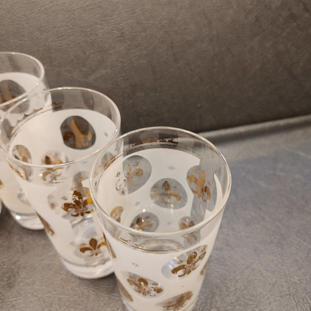 Libbey Highball Glasses Frosted Fleur de Lis Gold Rim 1950s Set of 6 - Picture 9 of 10